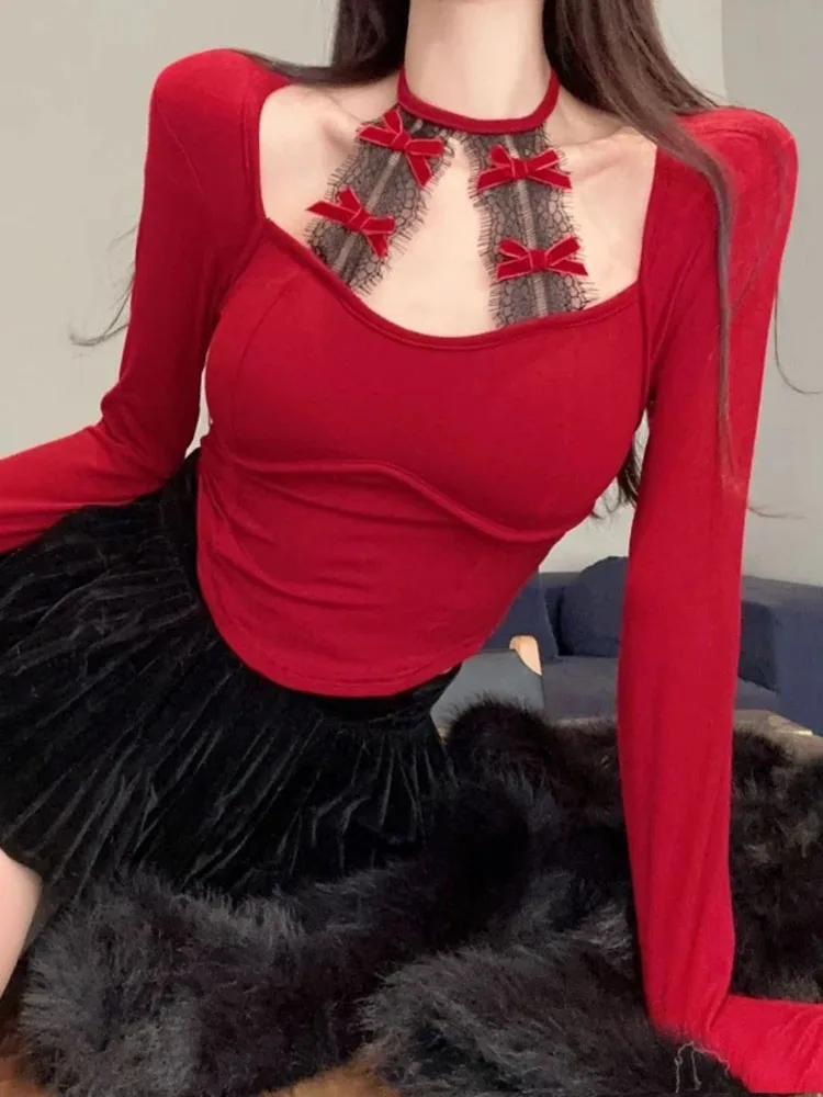 Damen-Spitzen-Langarm-Top, Herbst-Winter, schmale Passform, Weihnachten, rote kurze Bluse, elegantes, lässiges T-Shirt für tägliche Urlaubs-Outfits ​