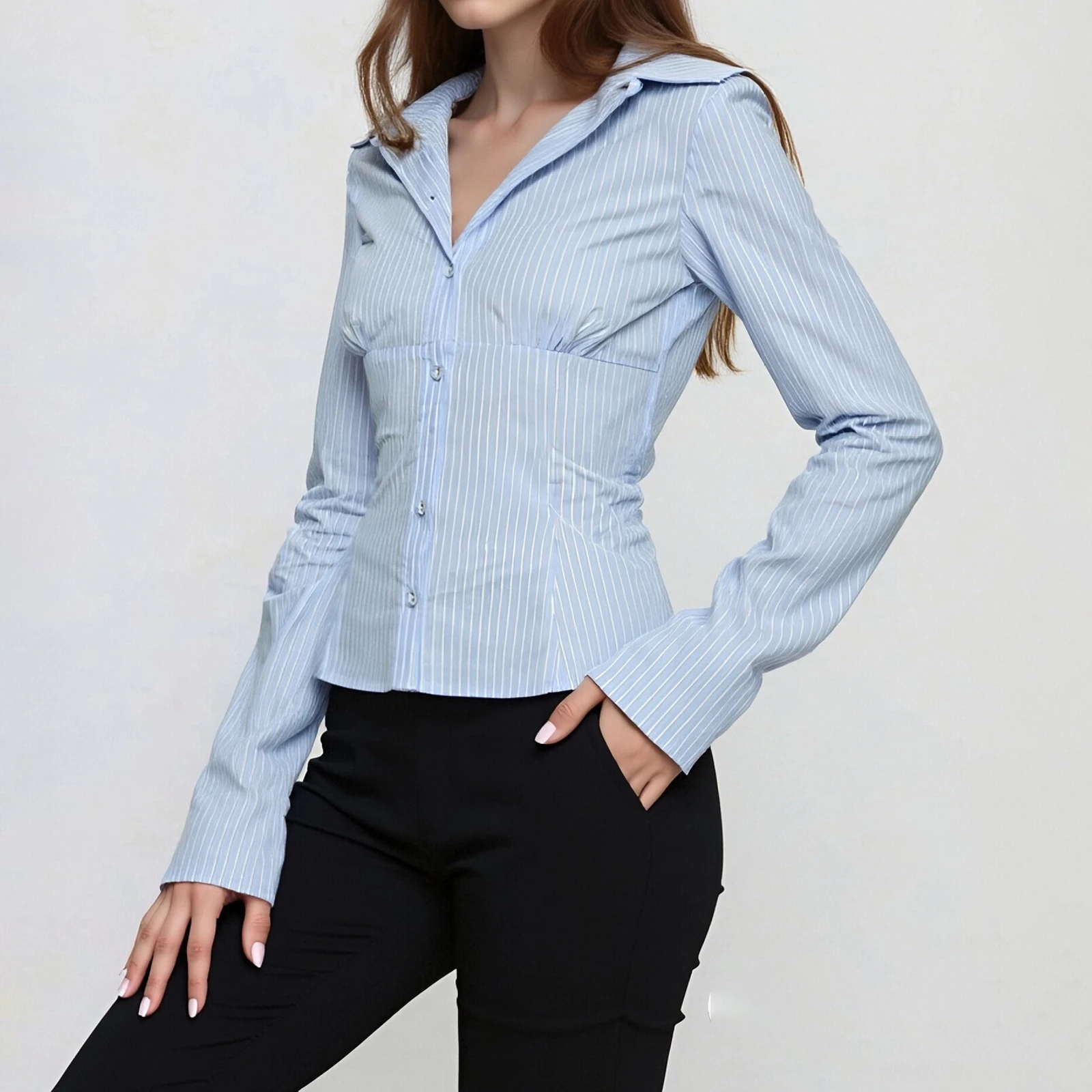 

Классическая женская приталенная полосатая рубашка с длинным рукавом, элегантная блузка на пуговицах с завязками, осенние топы