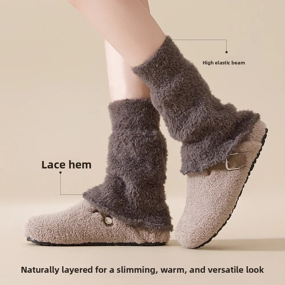 

New Coral Fleece Leg Warmers Solid Color Thickened Mid-Calf Sock Warm Harajuku Boot Covers Women