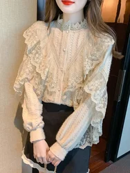 Women's Lace Shirts Blouses Y2k Vintage Aesthetic Harajuku 2000s Elegant Fashion Solid Color Long Sleeve Shirt Top Clothes 2024