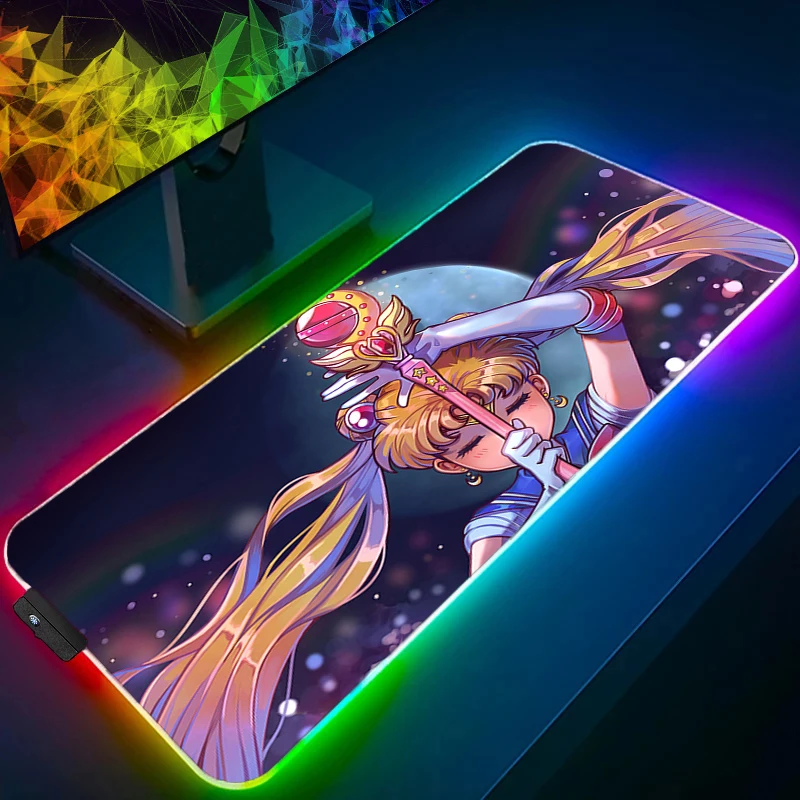 

LED Gaming Mouse Pad With Backlight Desk Mat RGB S-sailor M-moon Desk Decorations Computer Kawaii HD Mousepad PC Gamer Full Mat