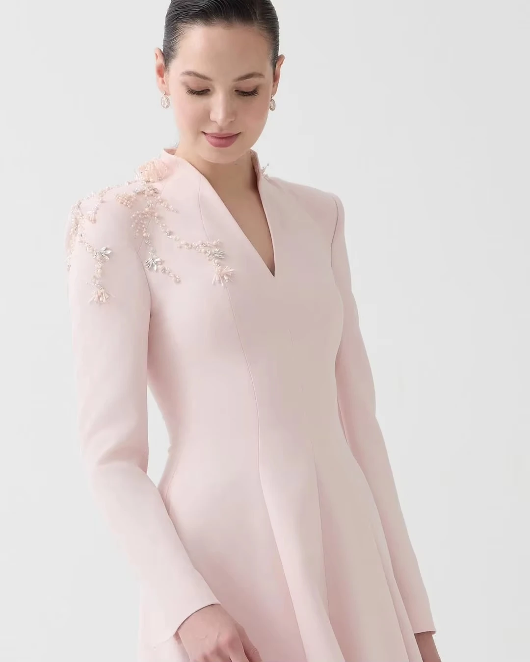 Ranmo Customized Long Sleeve V-Neck Structured Embellished Beaded Appliques Light Pink A Line Floor Length Formal Evening Dress
