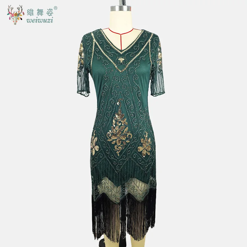 여성 패션 빈티지 플러스 사이즈 S-3XL 컬러 시퀸 풀 태슬 드레스 1920년대 V넥 나비 소매 이브닝 드레스