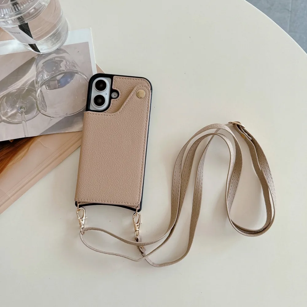 

Mirror Crossbody Rope Phone Case for IPhone 16 15 Plus 14 13 12 11 Pro Max X XR 7 8 Wallet with Card Holder Leather Flip Cover