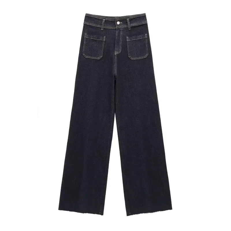 

TRAFZR Woman Trousers Baggy Pants for Women High Waisted Pants Dark Blue Pockets Newjeans American Vintage Denim Trousers
