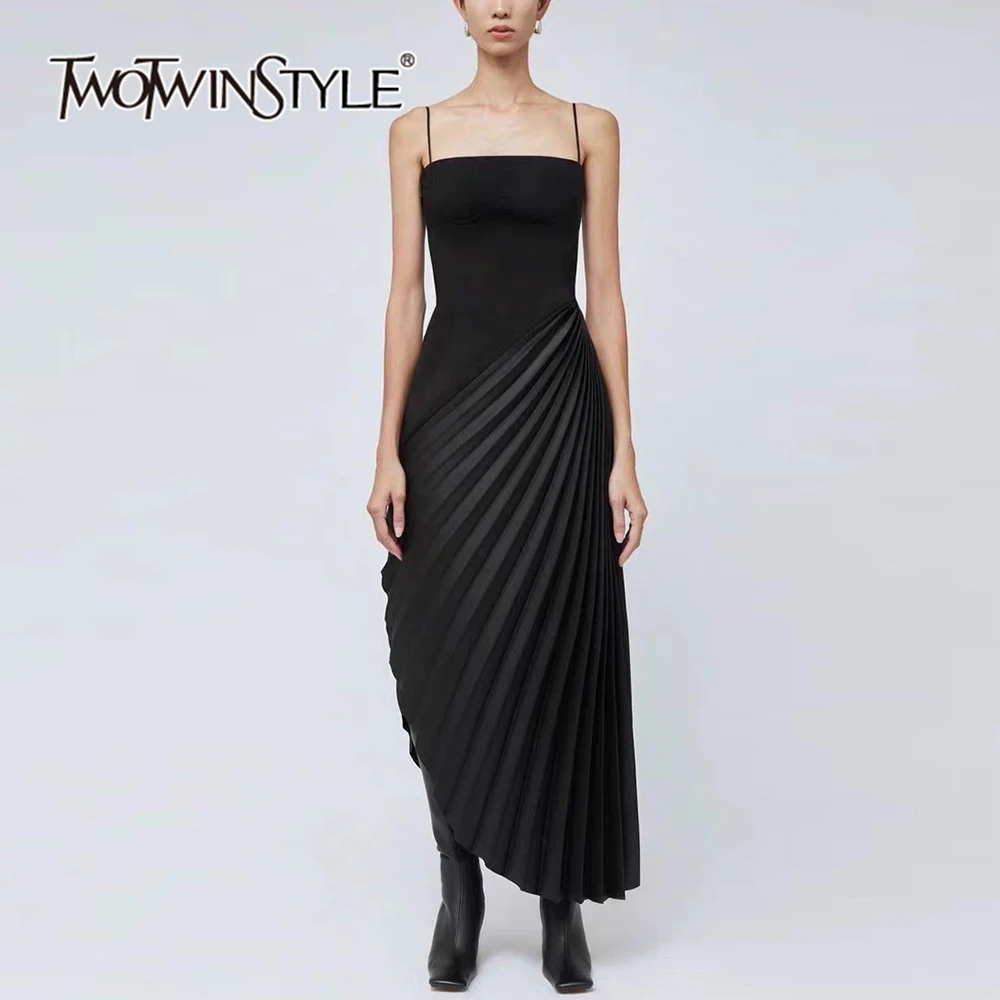 

TWOTWINSTYLE Solid Designer Spliced Pleated Dress For Women Camisole Sleeveless High Waist Split Formal Dresses Female KDR507398