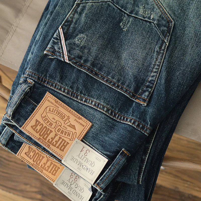 

3376 # весна-осень новые американские ретро 13,5 oz тяжелые джинсы Мужская мода из чистого хлопка потертые старые прямые повседневные брюки