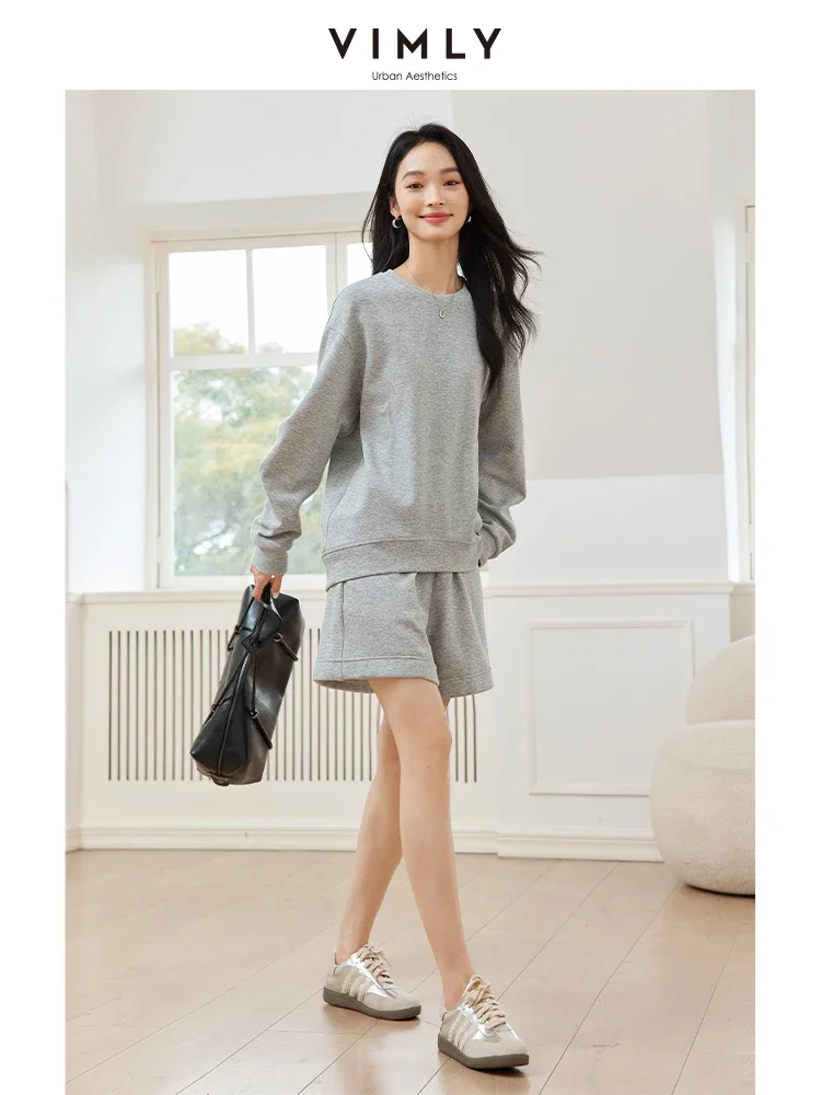 

VIMLY Solid Sweatshirt 2 Piece-Set Shorts Women Fashion Sporty Top+Elastic Waist Simple Shorts Sets Casual Commuter OutfitsM8583