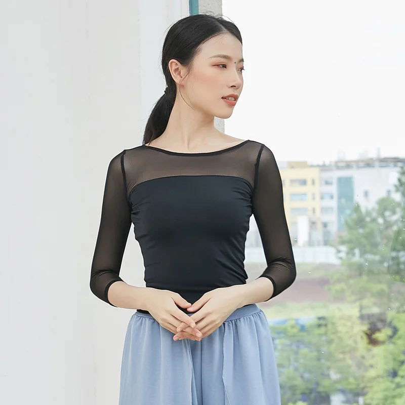 Women Dance Outfits Top Spliced Gauze Mesh Middle Sleeve Shirt Elegant Ballet Training Blouse Top Body Rhyme Saree Stage Costume