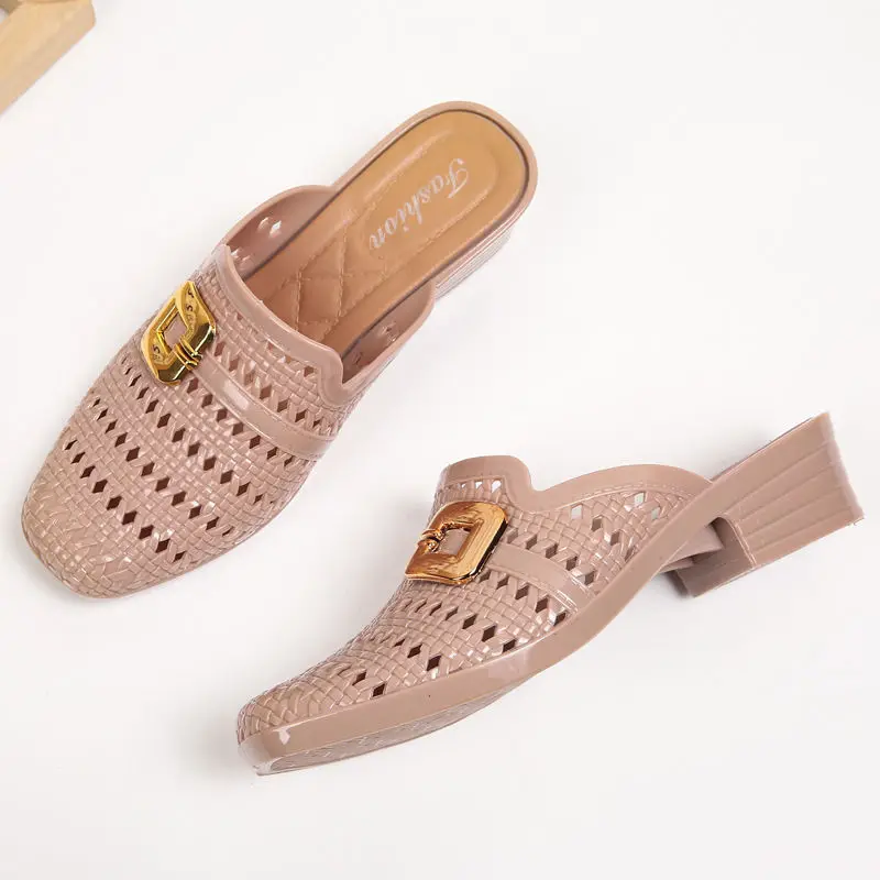 2024 New Women Hollow Out  Slippers,Summer Mid Heels,Soft Beach Shoes,Buckle Slides,Outside Footwear,BLACK,APRICOT,RED,Dropship