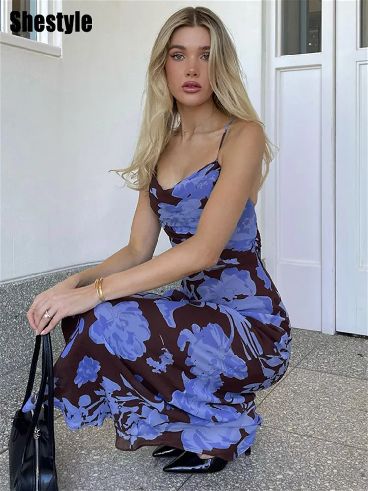 Shestyle فستان طويل بدون ظهر للنساء طبقة مزدوجة Bodycon السباغيتي حزام الأزرق زهرة يتأرجح طوق أنيق الشكل يمسك