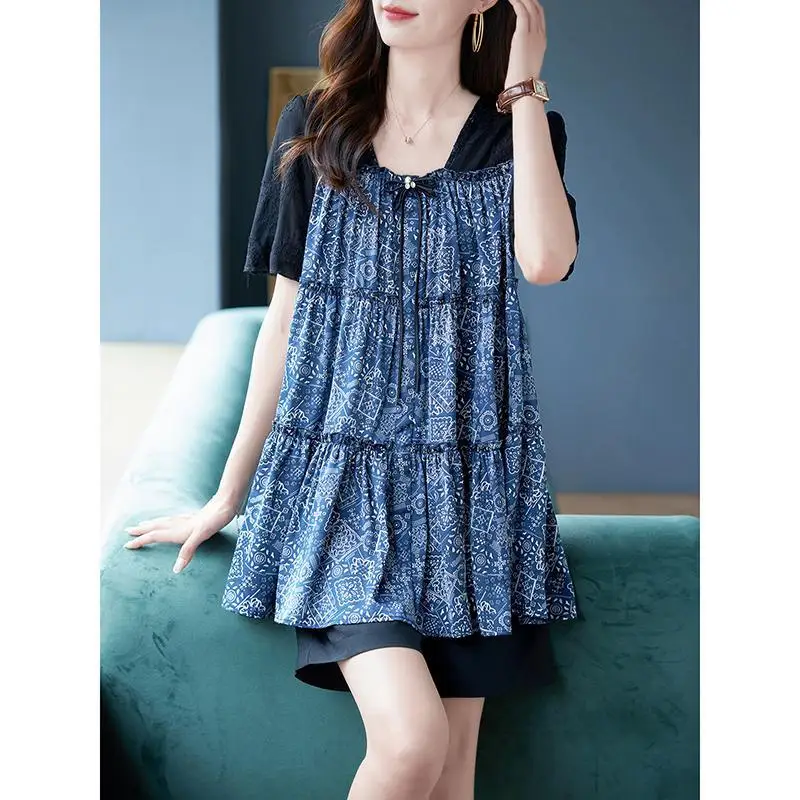 Women\'s Clothing 2024 Summer Fashion Print Lace Patchwork Bow Blouse Casual Square Collar Loose Tunic Tops Short Sleeve Blusas