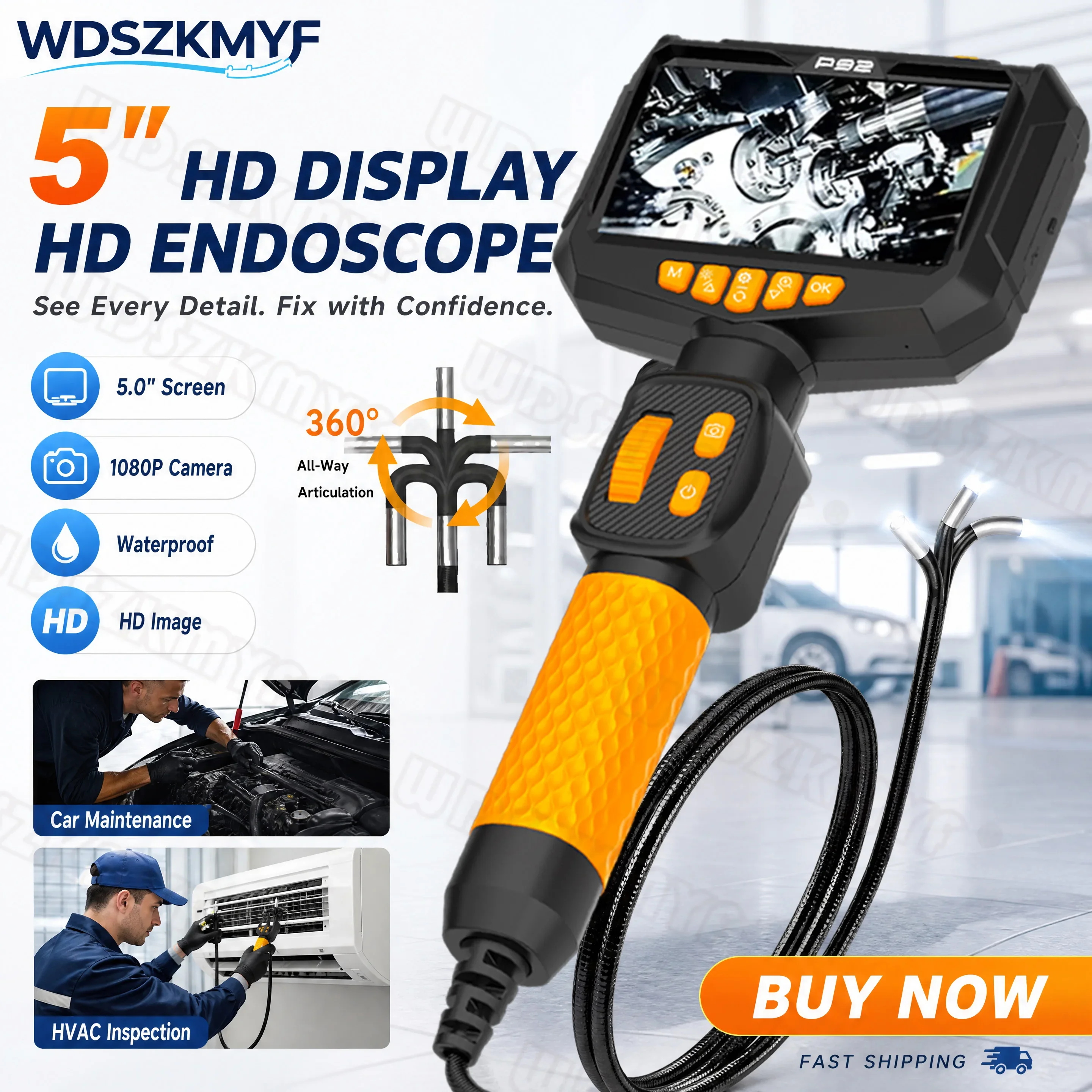 Handheld 5 Inch Endoscope Borescope 6mm 360° Panoramic Rotation IP67 Waterproof Single  Lens HD  Inspection Borescope For Car