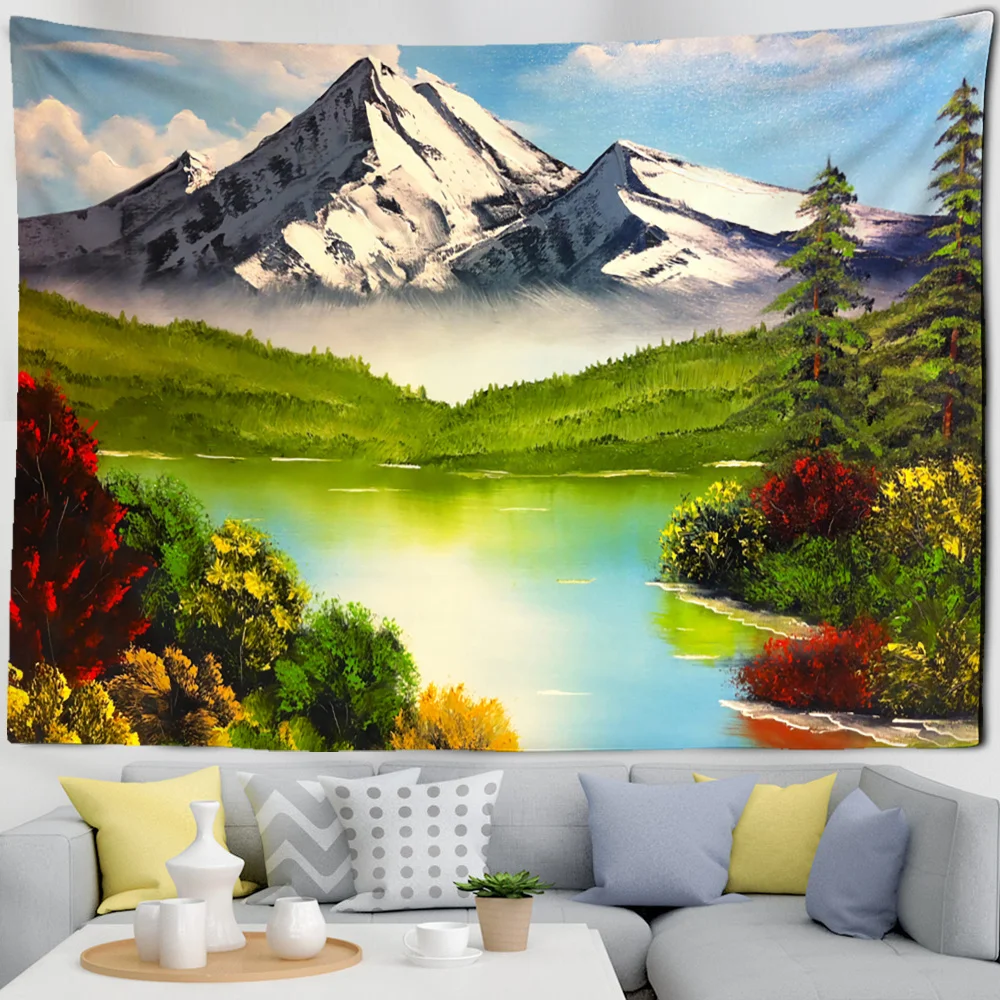 Natural Scenery Tapestry Oil Painting Landscape Wall Hanging Blue Sky Snow Mountain Print Tapestry for Living Room Office Decor