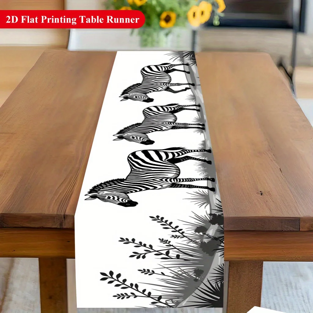 Three Zebras Walking in Grass Print Table Runner - Wildlife Nature Motif Decoration for Dining Coffee Table Home Kitchen Feast