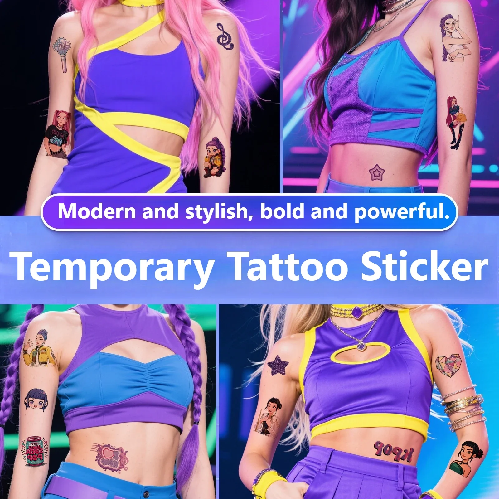 New  Girl Group Temporary Tattoo Stickers, Elegant Cartoon Anime Designs, Arm Decals for Party Decoration & Daily Styling