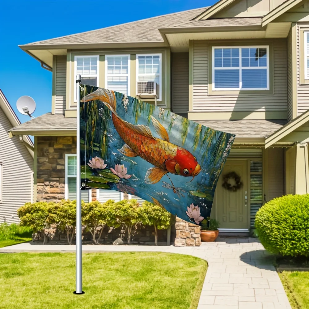 Koi Fish and Water Lilies Painting Polyester Garden Flag Outdoor Porch Banner