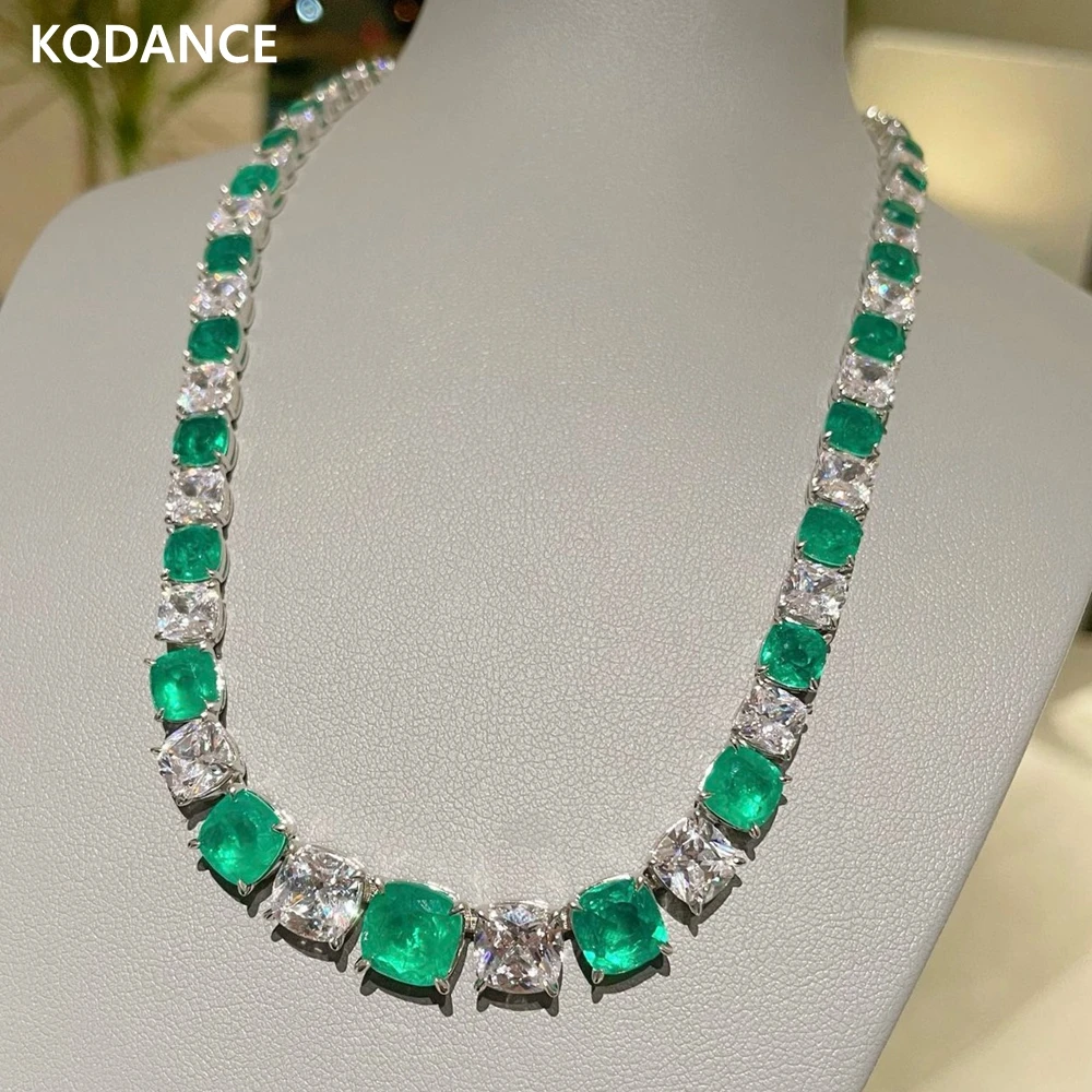 

KQDANCE Luxury 925 Sterling Silver Cushion Cut Created Emerald High Carbon Diamond Gemstone Tennis Necklace Women Fine Jewelry