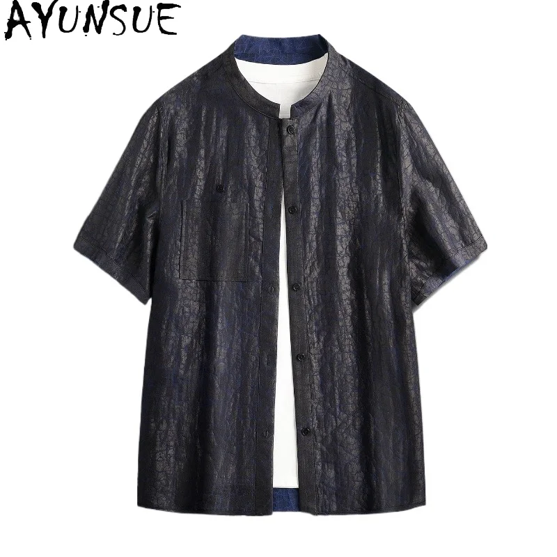 AYUNSUE 100% Natural Mulberry Silk Shirt for Men Summer Top Reversible Short Sleeve Shirts Luxury Watered Gauze Casual Shirt