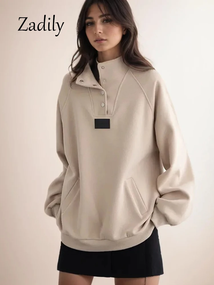 2024 Winter Thick Women Hoodies Casual Loose Stand Neck Warm Long Sleeve Women's Button Pullovers Minimalist Y2K Oversize Tops