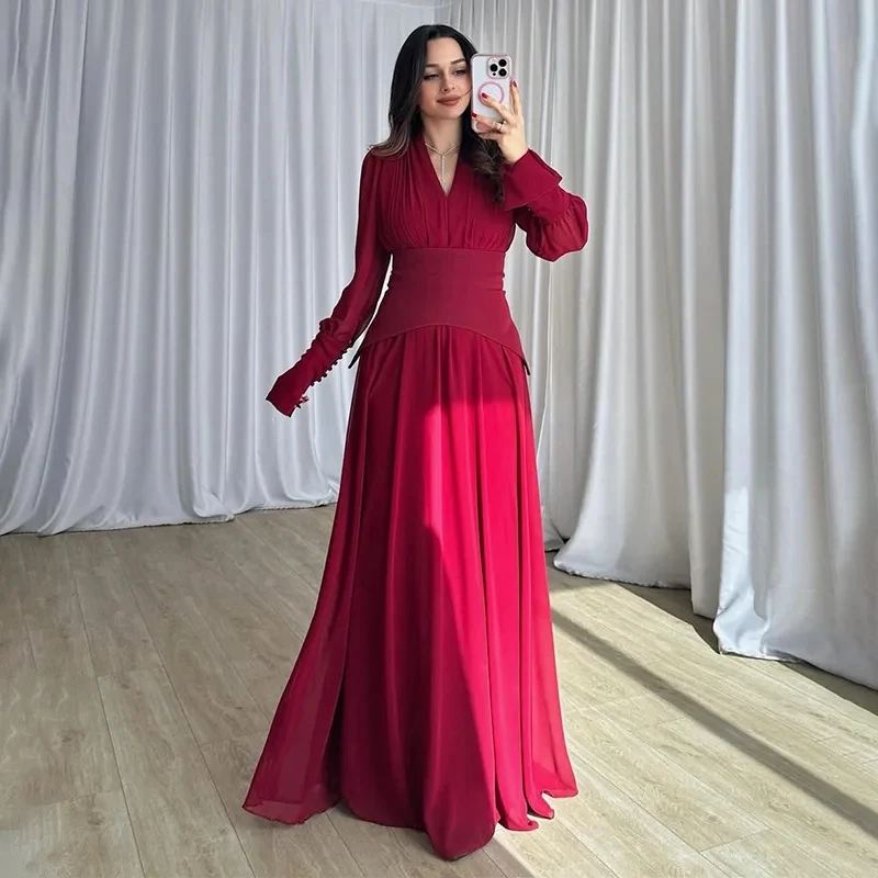 

2026 New Women Solid Color Long Sleeve V Neck Tie Waist Support Draping Maxi Dress Fashion Elegant Temperament Womens Outfit