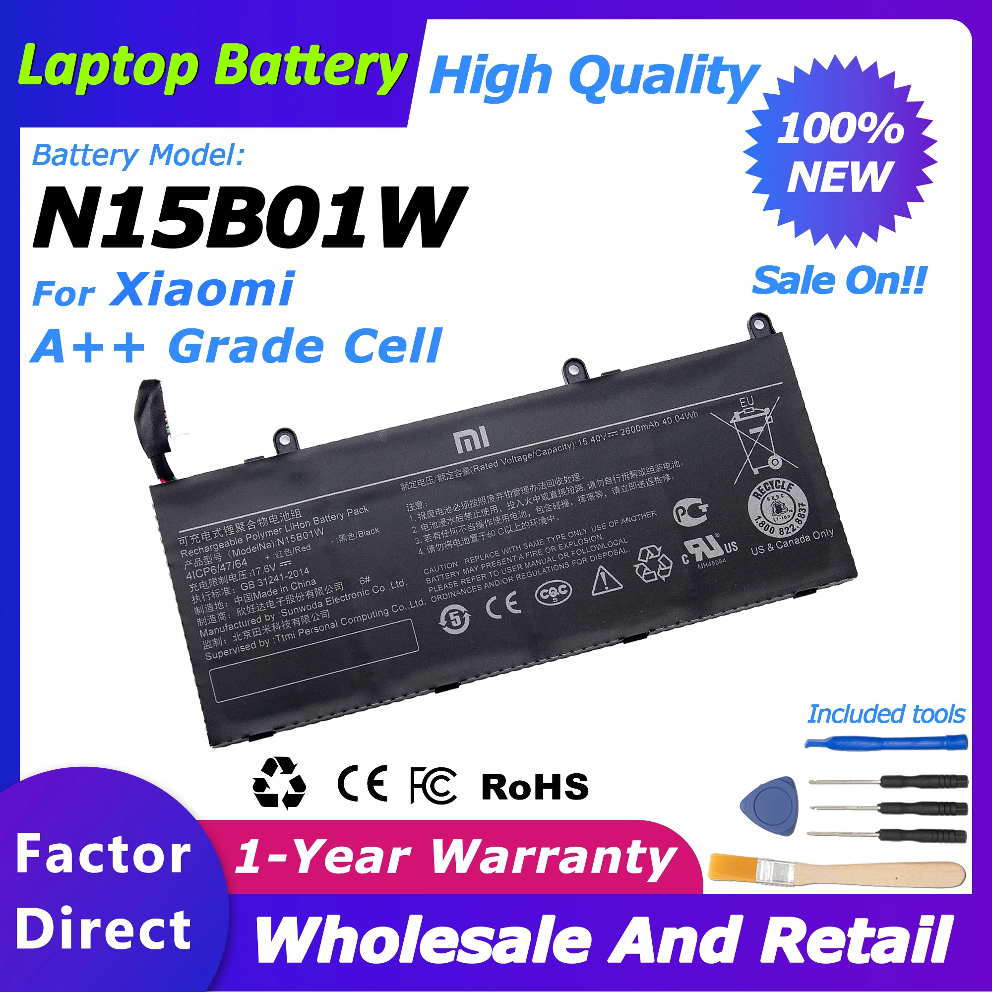 

N15B01W Genuine OEM Battery for Xiaomi Ruby 15.6 inch NOTEBOOK Ti/TM1703/TM1802 laptop battery 15.4V 40.04WH Free Tools