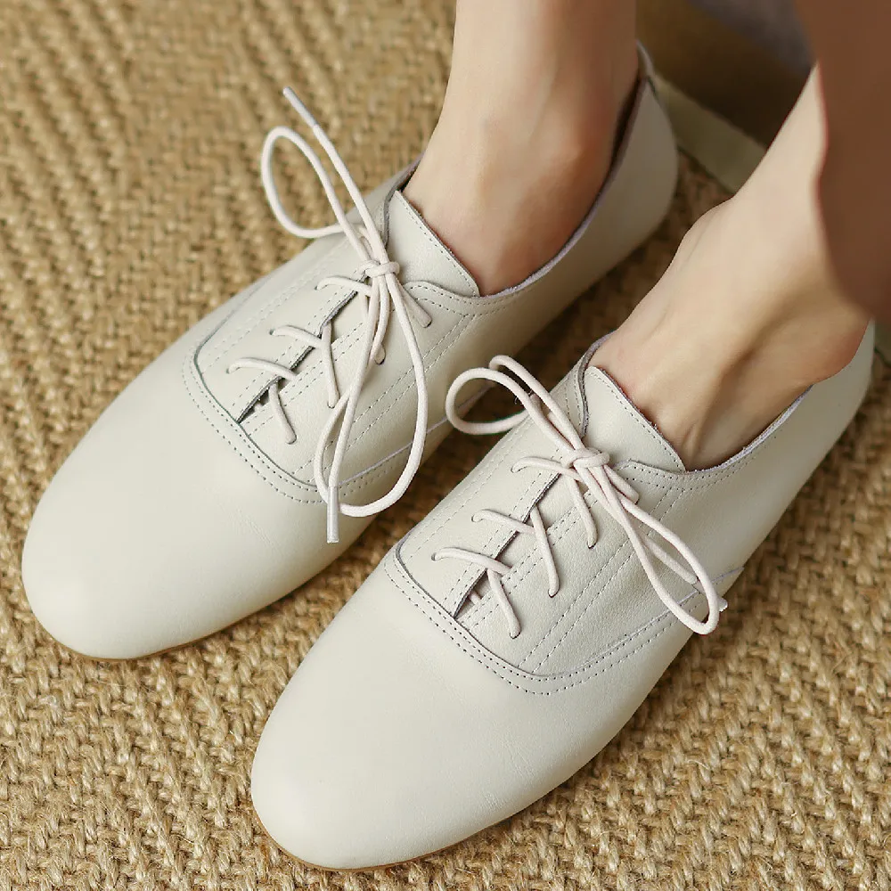 

Women's genuine leather lace-up flats oxfords round toe leisure soft comfortable casual female four season daily espadrilles hot