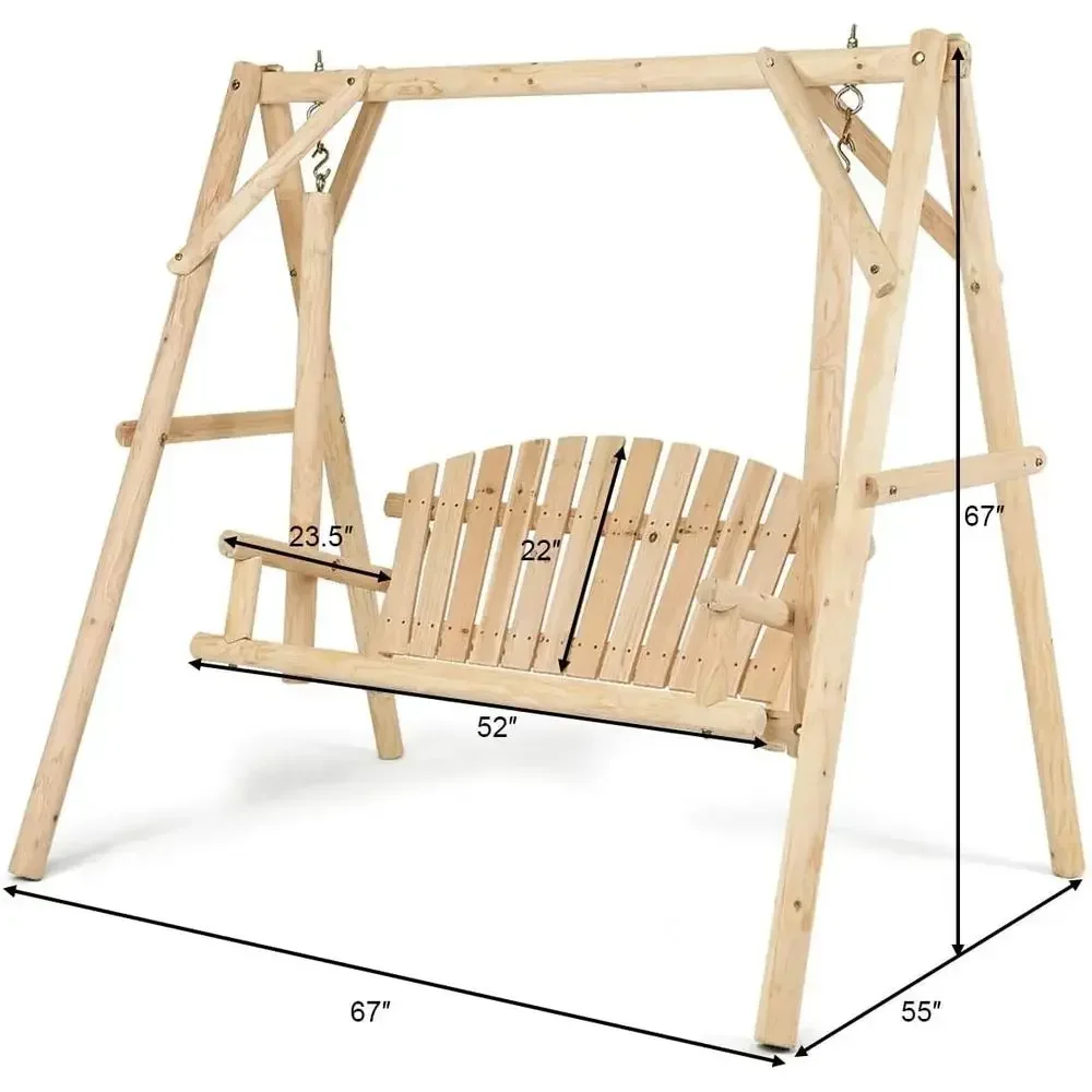 Rustic 2-Person Wooden Porch Swing, Outdoor Patio Garden Bench, Natural Finish
