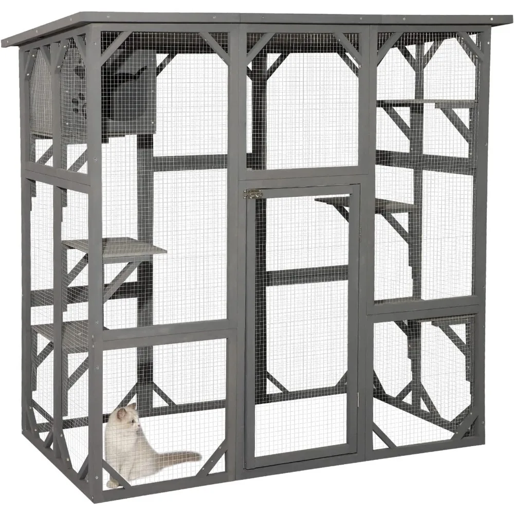 Outdoor Cat Enclosure Large Wooden Outdoor Cat House with Small House, Cat Cage with 6 Platforms and Weather Protection