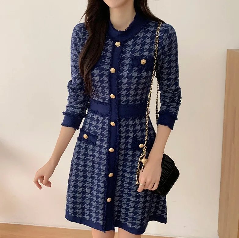 

New French Knitted Dress Women Vintage houndstooth Autumn Winter Long Sleeve Slim Tassel Elegant Mini Sweater Dresses Vestidos