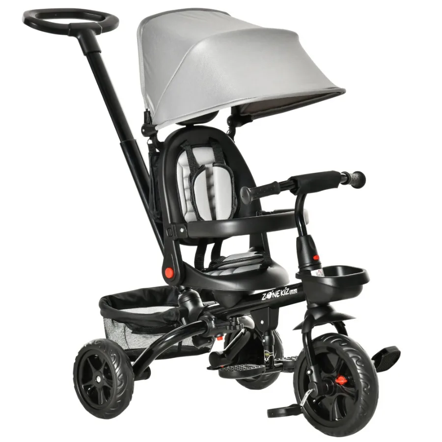 

Baby Tricycle 4 In 1 Trike w Reversible Angle Adjustable Seat Removable Handle Canopy Handrail Belt Storage Footrest Brake Clut
