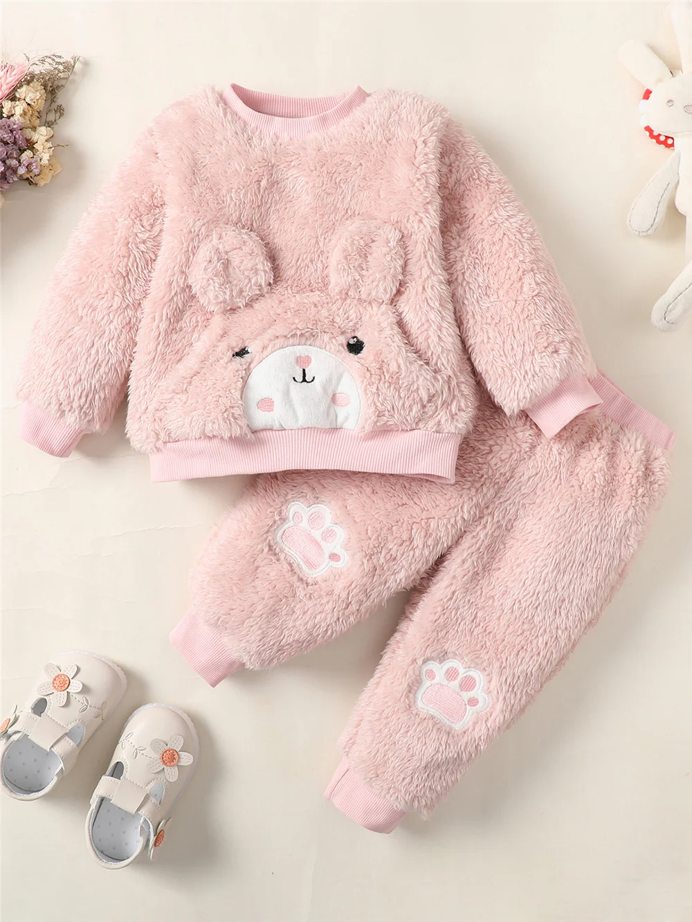 

2pc Girl Plush Set Cute Little Rabbit Plush Long Sleeve+Plush Long Pants Set 0-3 Year Old Baby Girl Spring and Autumn Set