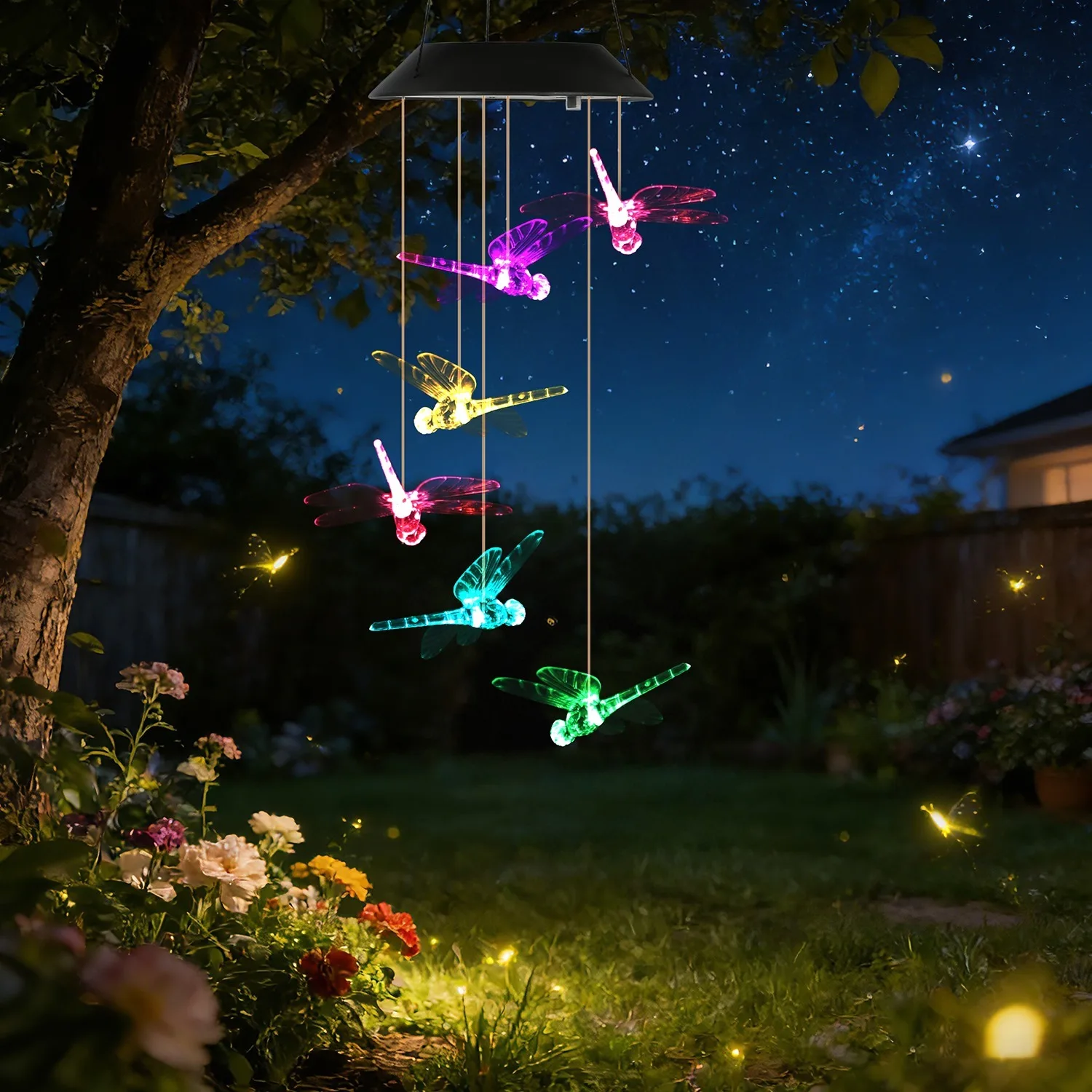 Solar Dragonfly Wind Chime Lights, 7 Color Changing LED, IPX4 Waterproof Outdoor Hanging Decor for Garden Yard Patio, 1/2 Sets Optional