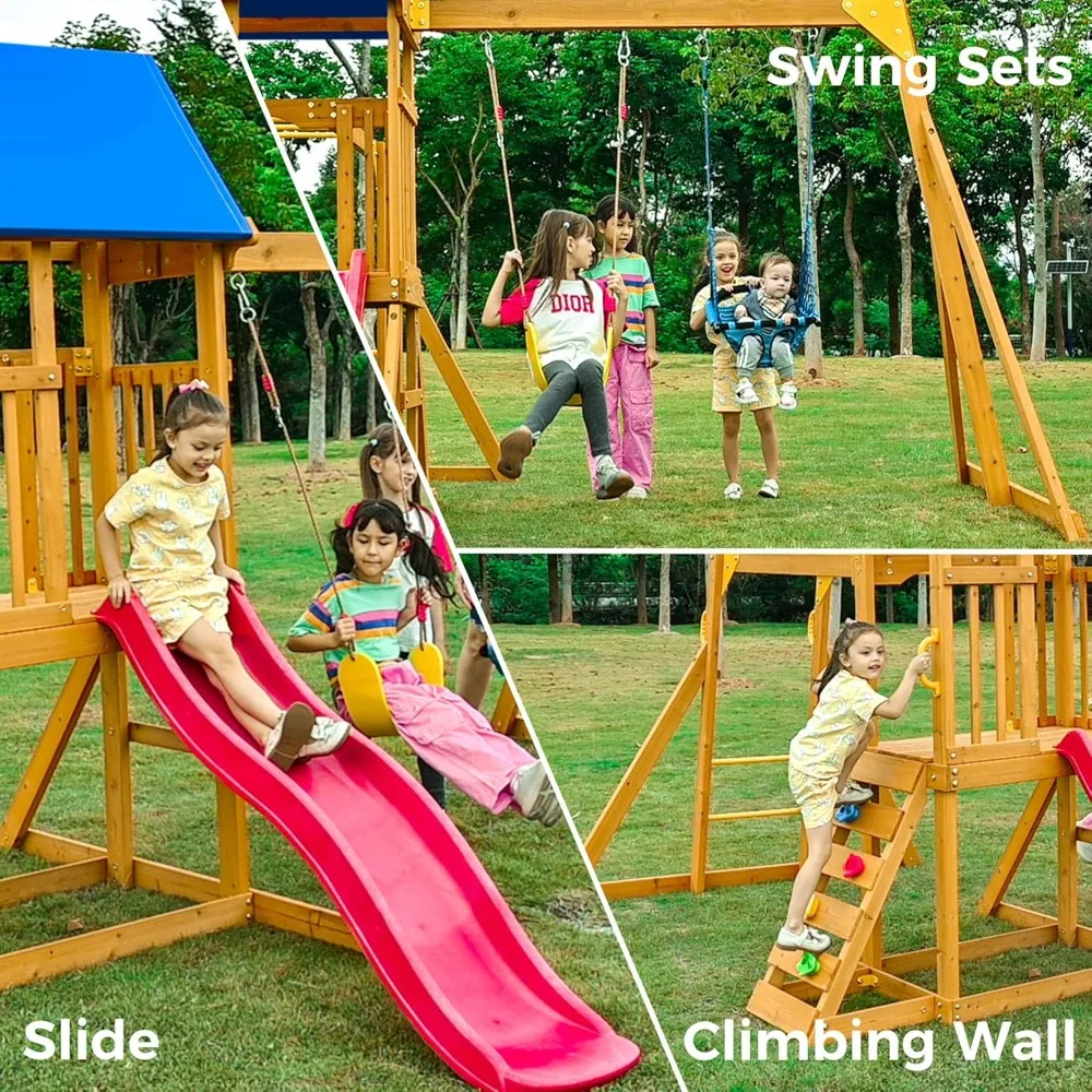 مجموعة لعب خشبية مع شريحة مموجة، مجموعة ملعب مع قضبان قرد للأطفال، مجموعة لعب خارجية مع أرجوحة للأطفال الصغار، مجموعة أرجوحة في الفناء الخلفي #3