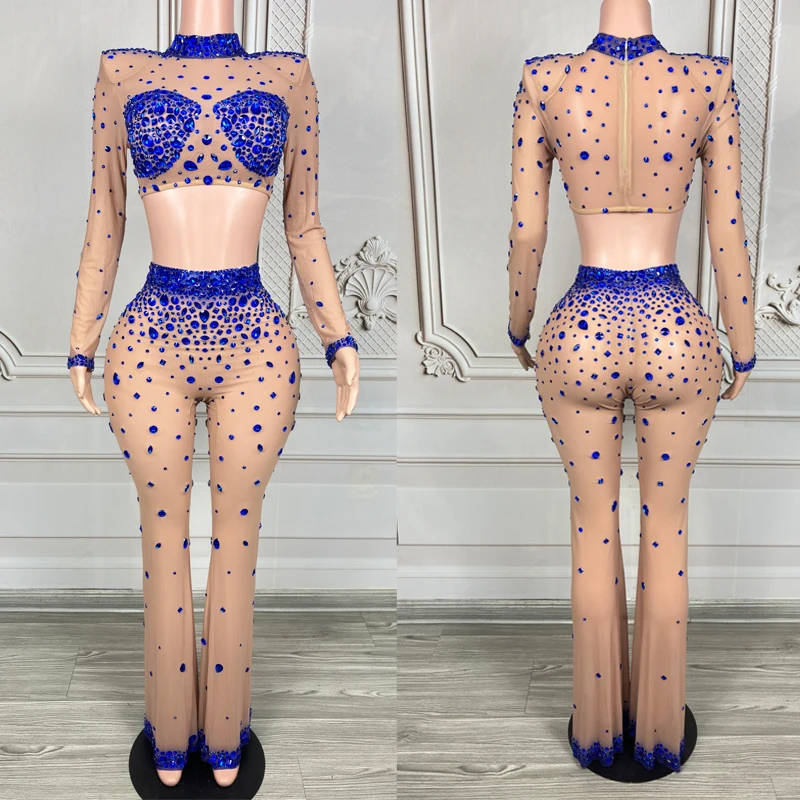 

New Sexy Gogo Dance Costume Blue Rhinestones Poe Dance Outfit Women Party Jazz Clothing Bar Dj Ds Rave Clothes Festival Wear Set