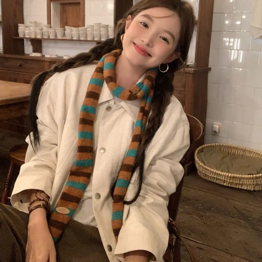 

Мягкий полосатый шарф в корейском стиле, утепленный кашемировый вязаный шарф, ветрозащитный узкий зимний платок на каждый день