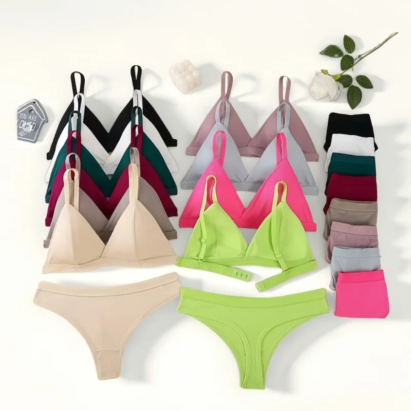 

Women Seamless Bra and Panties Set Solid Color Bralette Wireless Bras Low Rise Thongs Sexy Lingerie Set Women 1/3 Cup Underwear