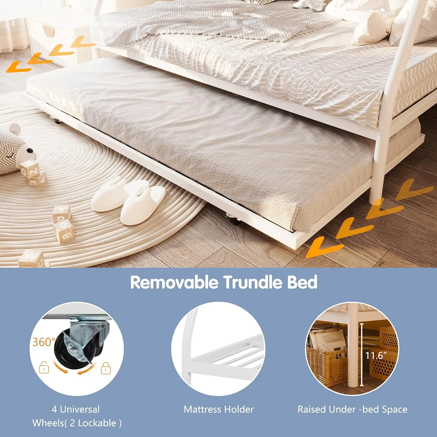 Metal Loft Bunk Bed Twin Over Full with Trundle & 2 Ladders, Safety Guard Rail for Small Bedroom Noise Free, Customized
