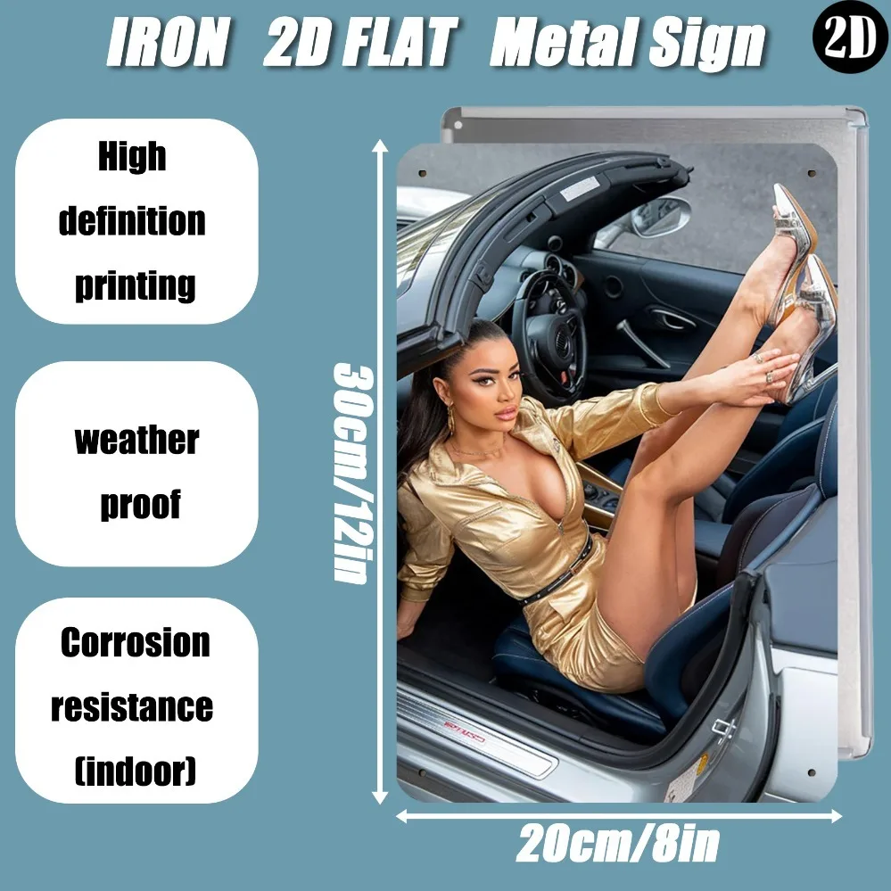 2D شقة ، JIT ريترو الحديد معدن تسجيل 8in * 12in فستان ذهبي سيدة نموذج سيارة شعار-رجل الكهف ورشة عمل حانة زخارف الحائط