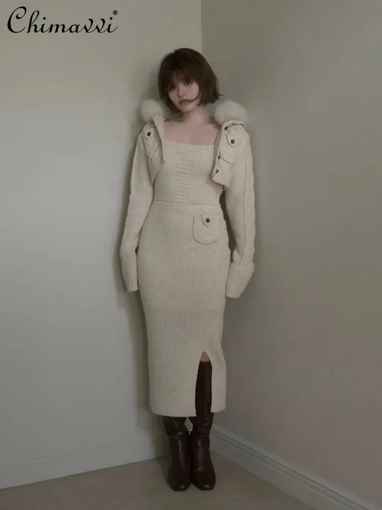 

Spring 2026 New Japanese Fashion Sweet Knit Dress Short Cardigan 2-Piece Women's Slim Fit Casual Knitted Long Bodycon Dress Set