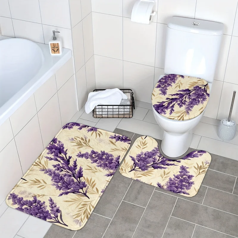 3 pcs/Set Lavender Print Rugs And , Anti-slip , Soft Machine Washable Bath Mats For Bathroom, Floor Car