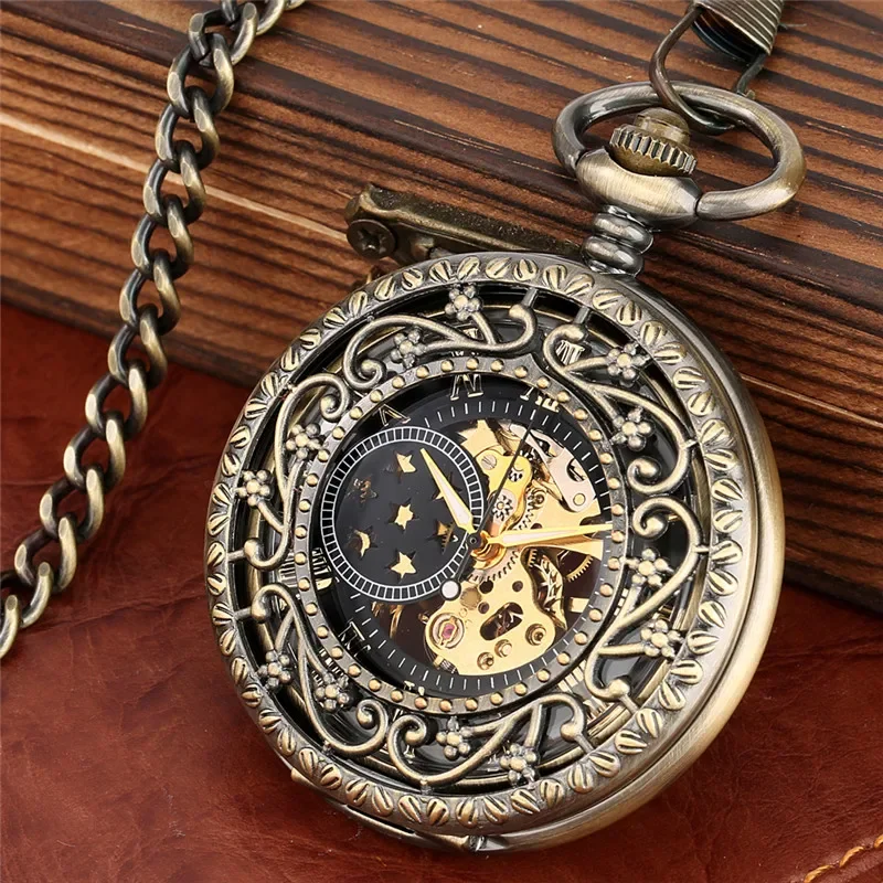 Vintage Style Hollow Out Flower Case Men Women Handwinding Mechanical Pocket Watch Roman Number Clock with Fob Pendant Chain