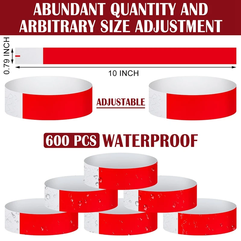 600Pcs Waterproof Hand Bands Neon Wristband For Events Concert Adhesive For Party Red