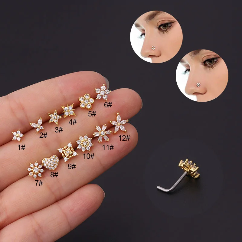 1Pc L Shaped Nose Studs Stainless Steel Nose Ring Piercing Fashion Flower Crown Shape Indian Helix Nose Ring Women Body Jewelry