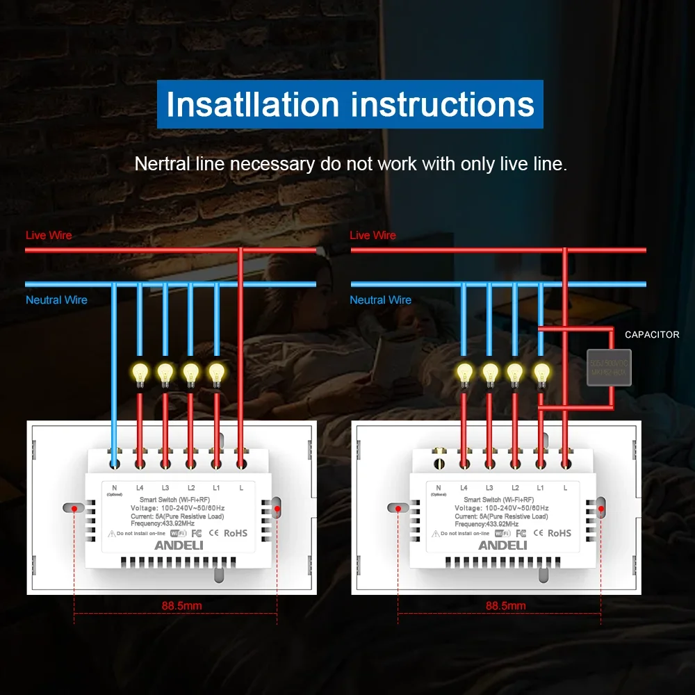 Tuya Vita Intelligente WiFi Interruttore Della Luce 1/2/3/4 Gang Neutro/No Neutra Filo Sensore di Tocco Interruttori A Parete di Controllo Vocale Alexa Google Casa