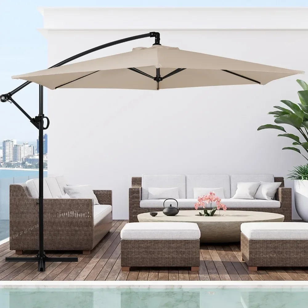 Parasol offsetowy Patio z łatwą regulacją nachylenia, korbą i poprzeczną podstawą, wiszący parasol wspornikowy na zewnątrz z 8 żebrami, 95% UV