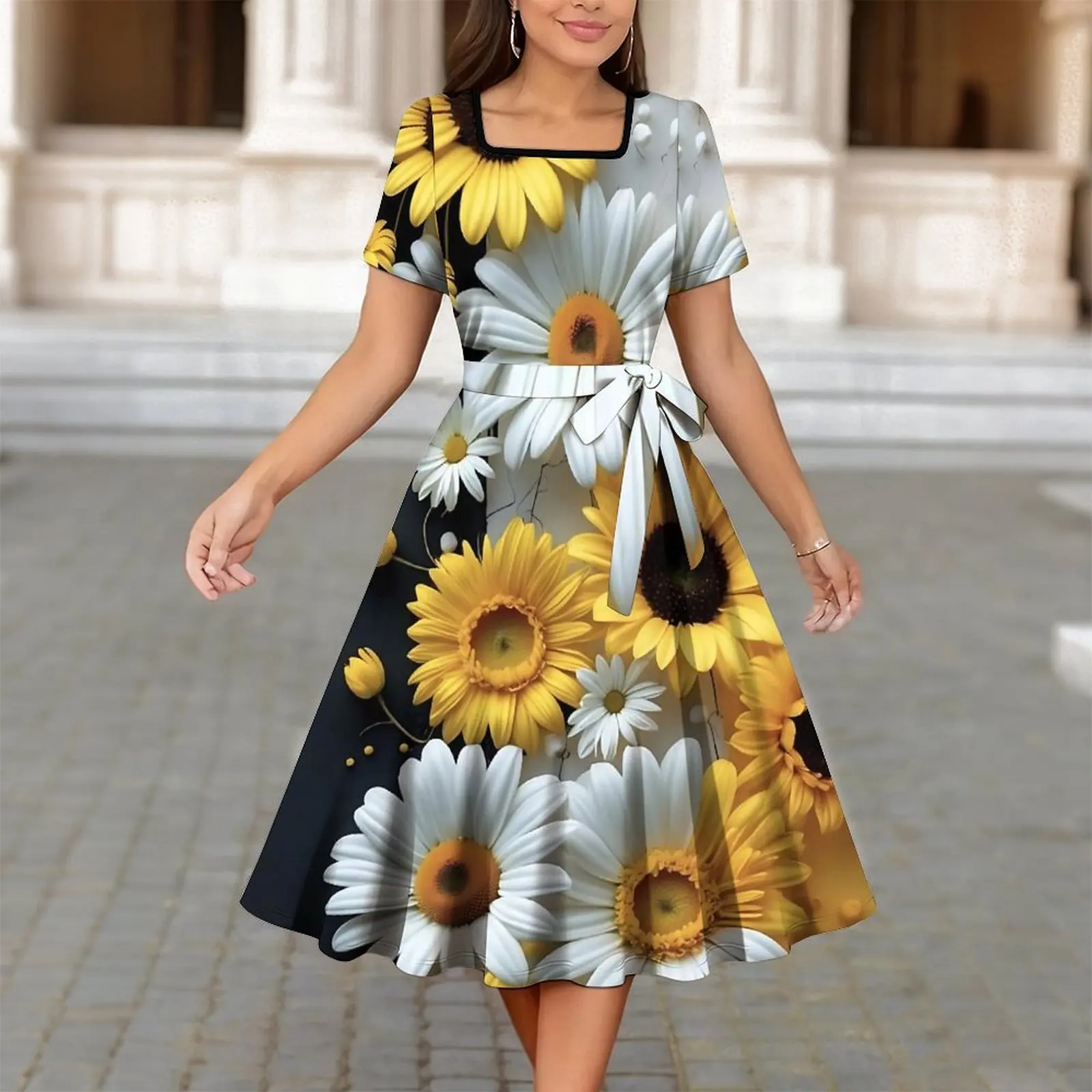 Spring Summer Women's Square Collar Printed Slim Short-sleeved Dress Commuting Beach Vacation Elegant Knee Length Party Skirt