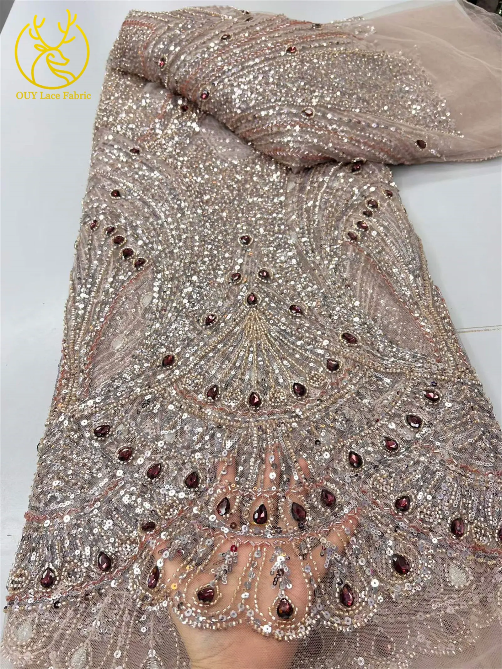 Neues Design Elegante französische nigerianische Diamant-Perlen-Spitze, rosa afrikanischer Pailletten-Netzstoff für Brautkleider zum Nähen – Detail 12