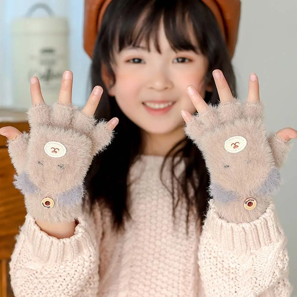 Cute Thick Cat Ear For Kids Children Winter Half Finger Gloves Children Gloves Flip Cover Gloves Korean Knitted Mittens