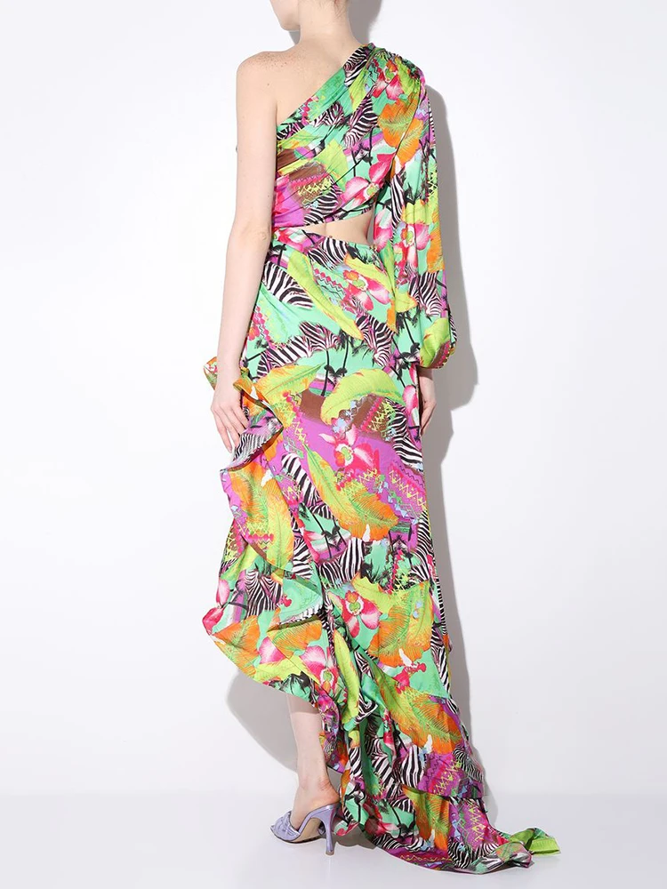 Vestido de festa à noite sexy um ombro floral impresso babados split vestido longo para mulher gola diagonal cortar